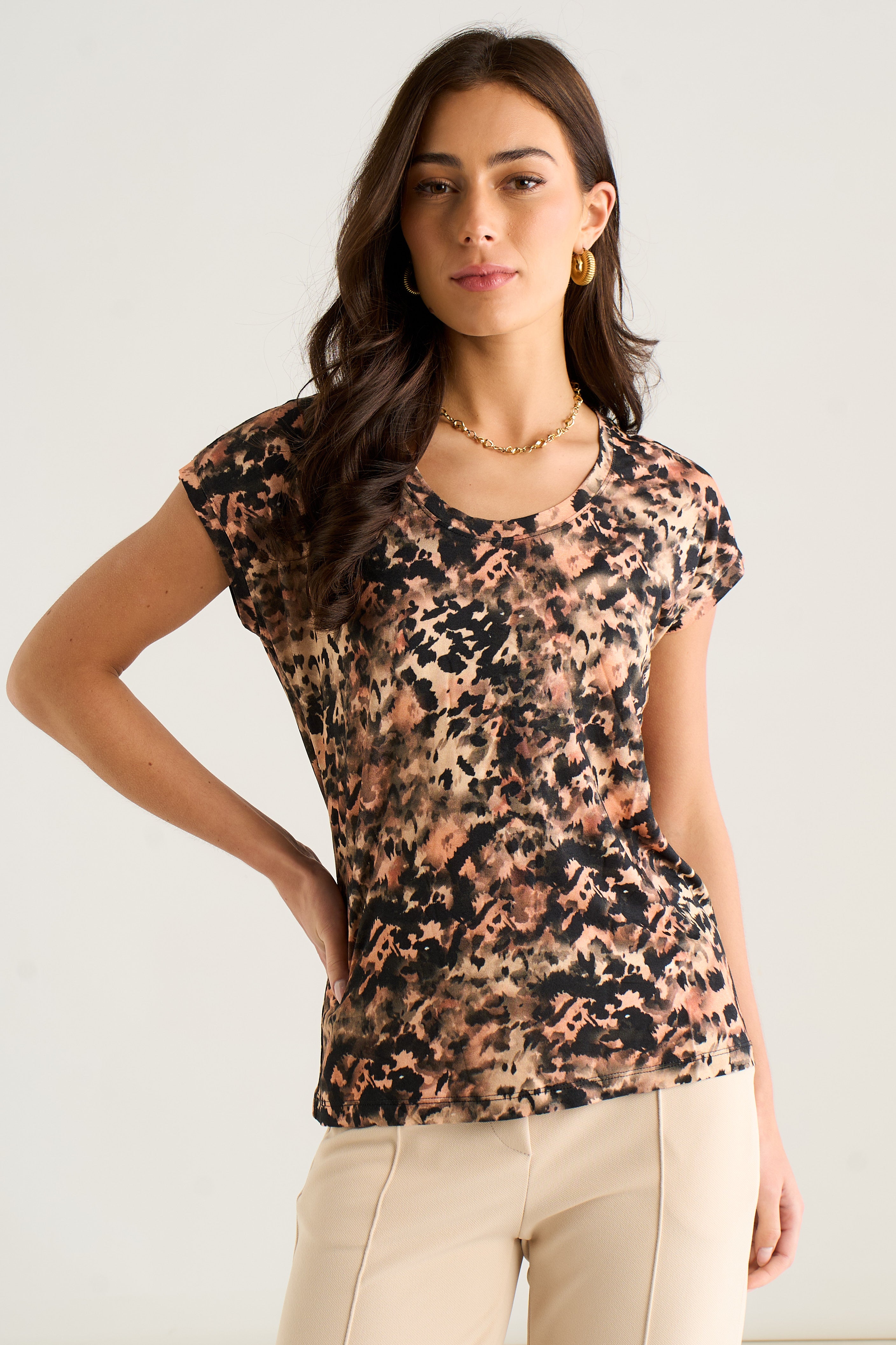East Village Short Sleeve Animal Smudge print top