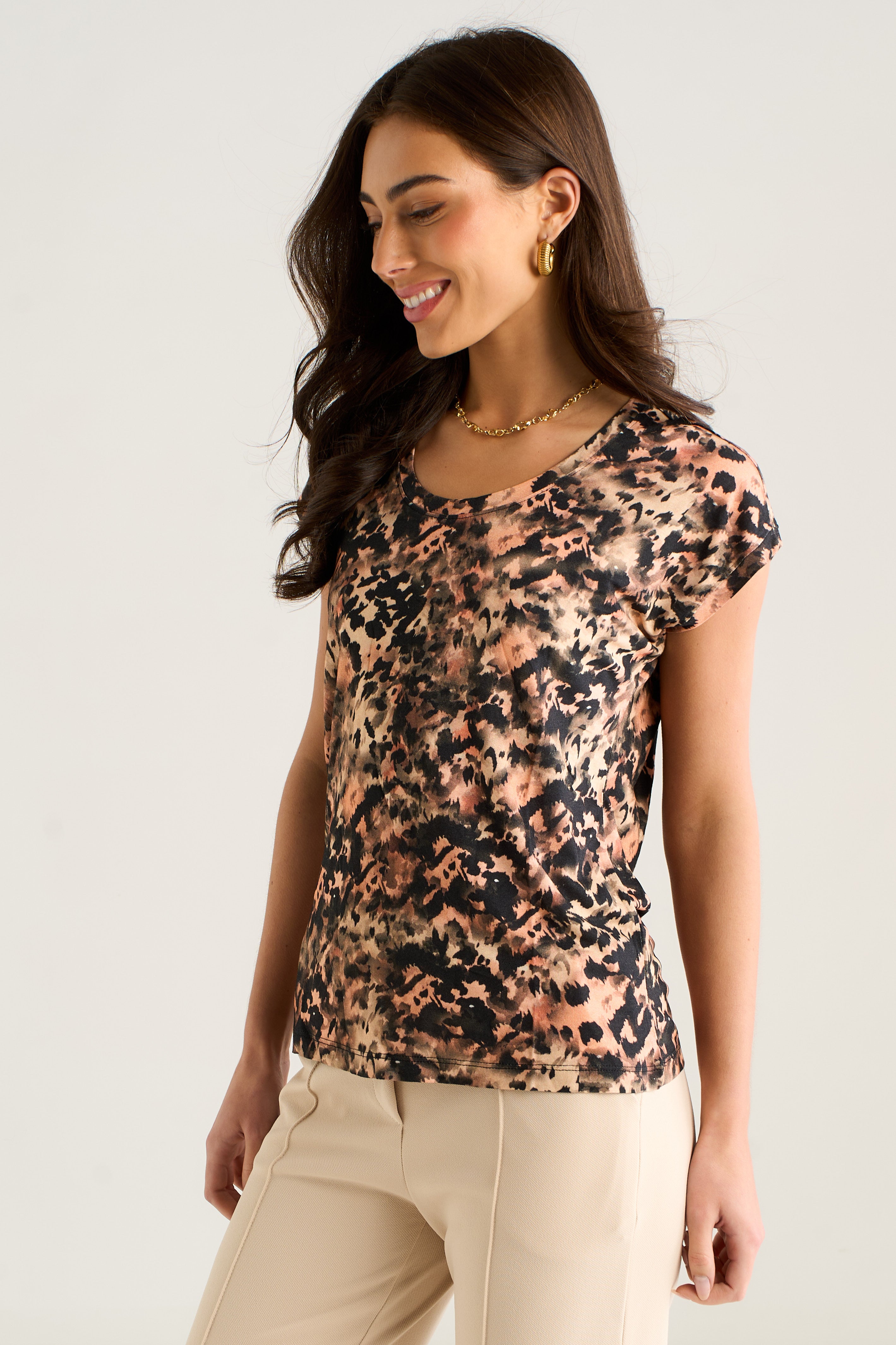 East Village Short Sleeve Animal Smudge print top
