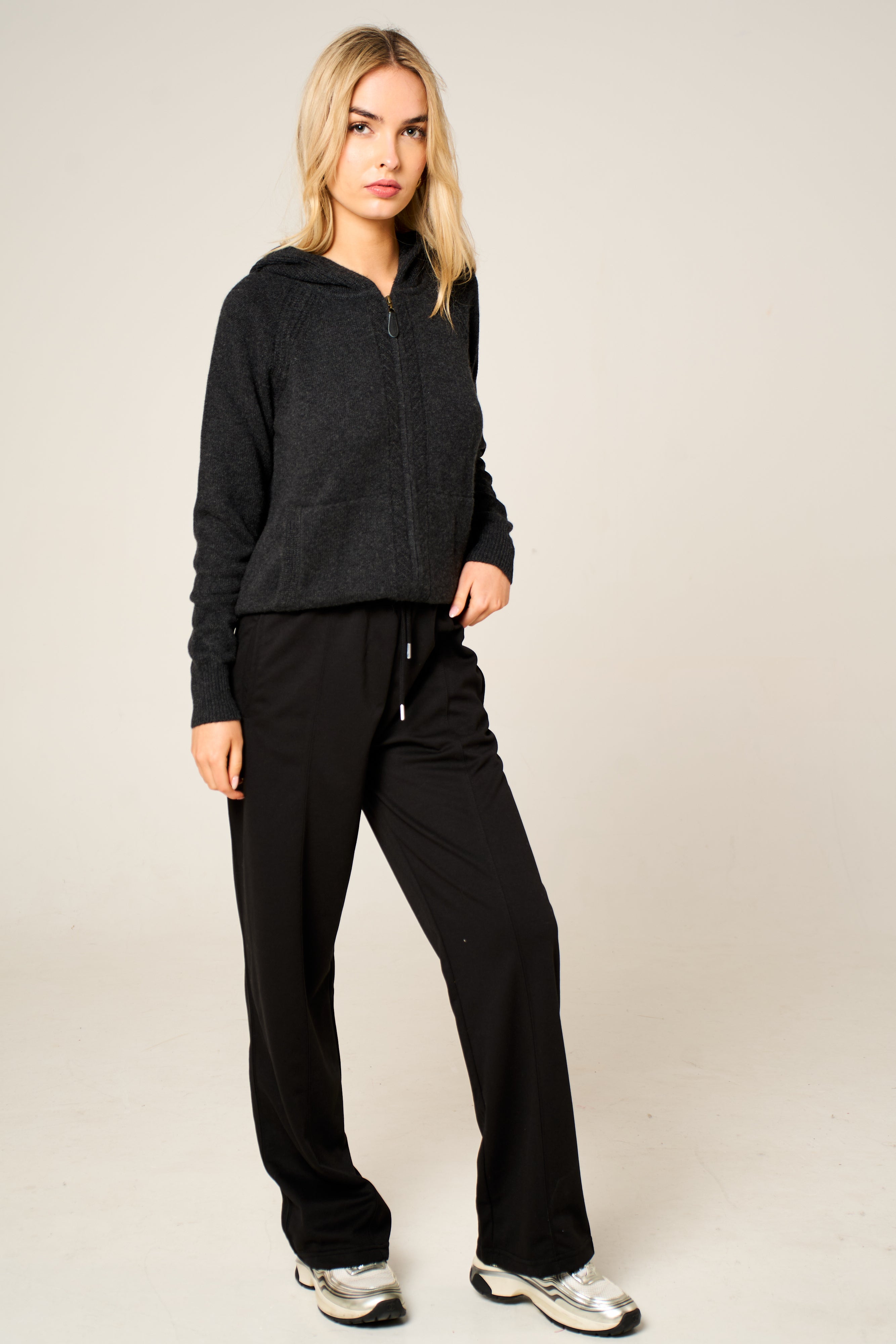 Cashmere Polo Club Claire Ladies Hooded Full Zip Cardigan with Aran Knit Front - 100% Cashmere