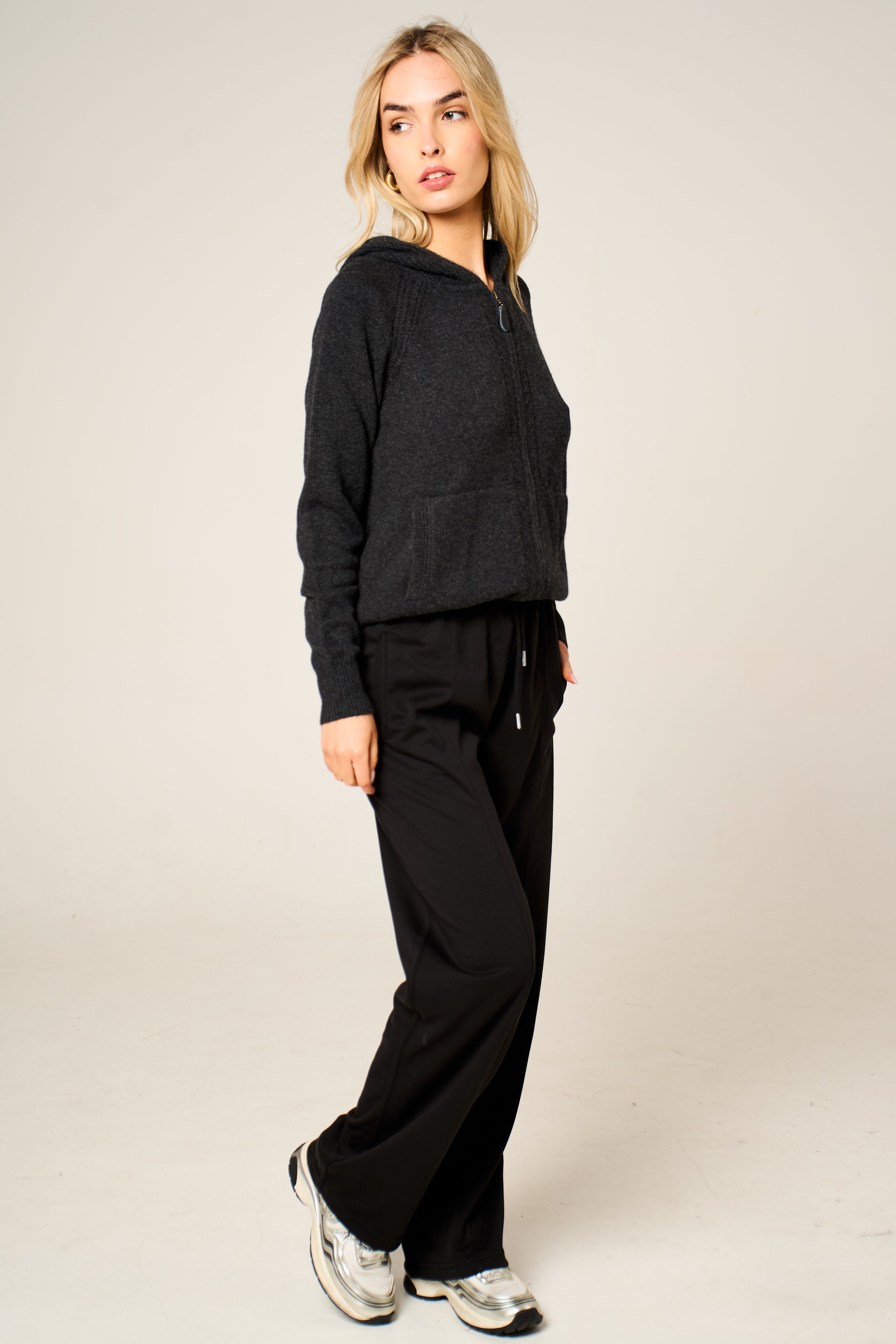 Cashmere Polo Club Claire Ladies Hooded Full Zip Cardigan with Aran Knit Front - 100% Cashmere