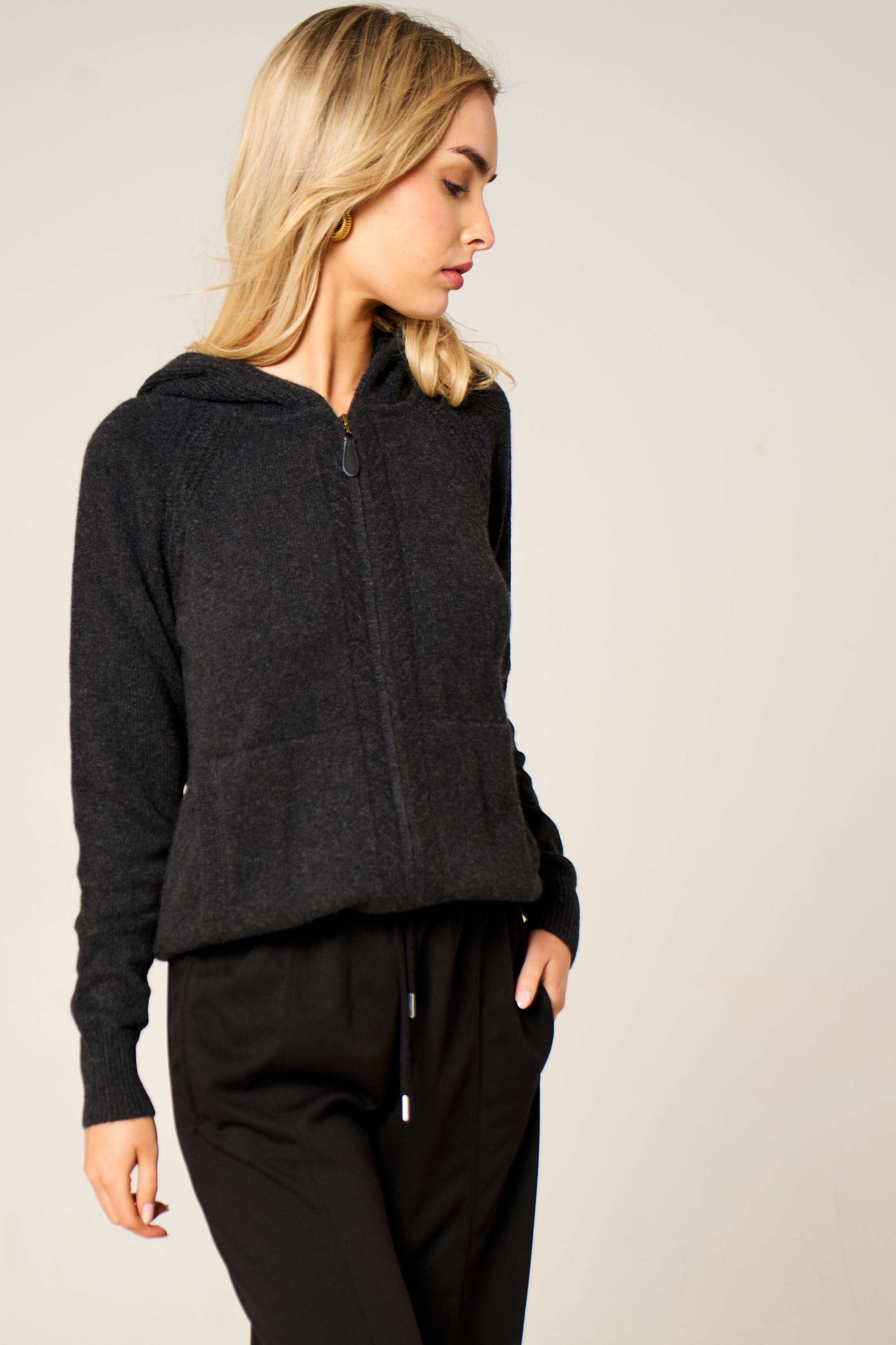 Cashmere Polo Club Claire Ladies Hooded Full Zip Cardigan with Aran Knit Front - 100% Cashmere