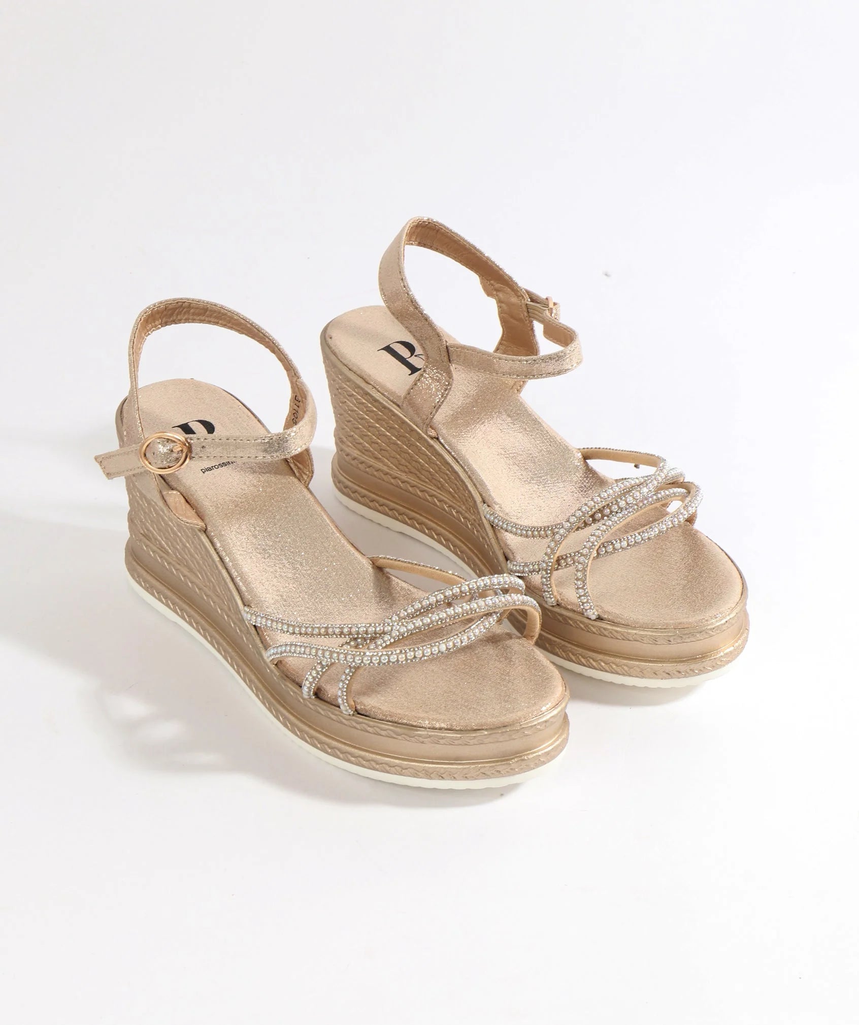 Gold Wedged Sandal with Pearl Embellishments and Toe Post