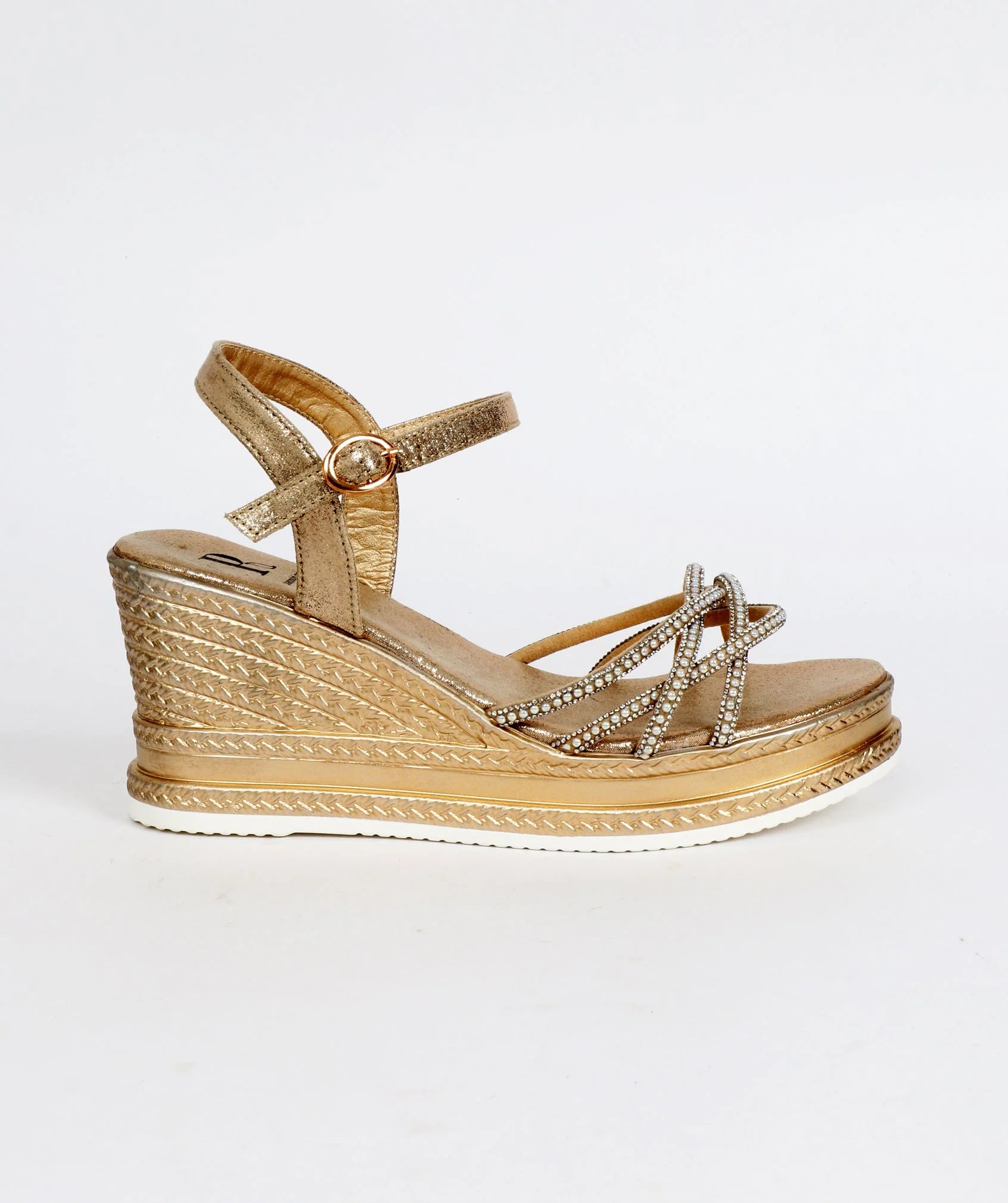Gold Wedged Sandal with Pearl Embellishments and Toe Post