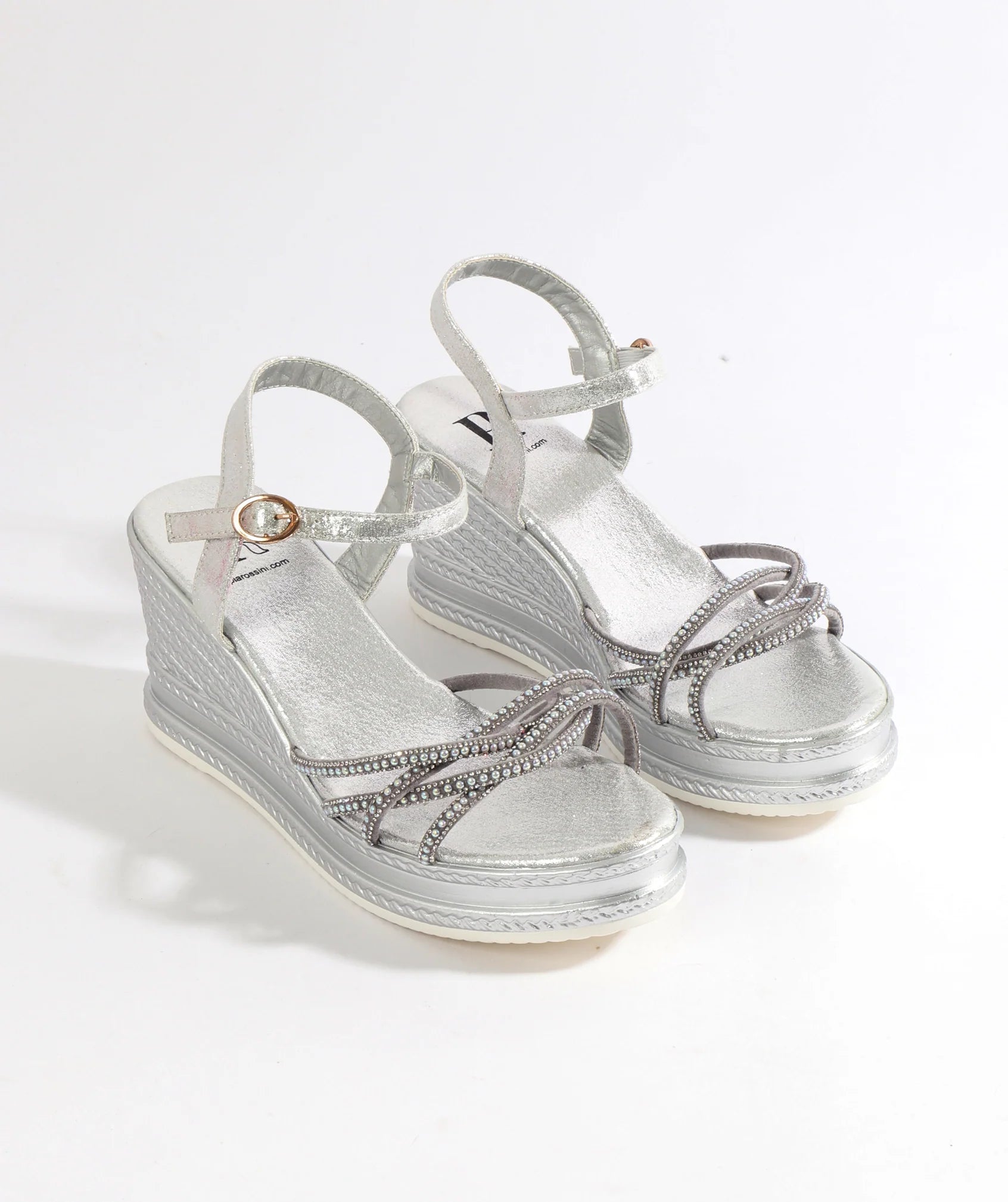 Silver Pearl Embellished Wedged Sandals with Toe Post