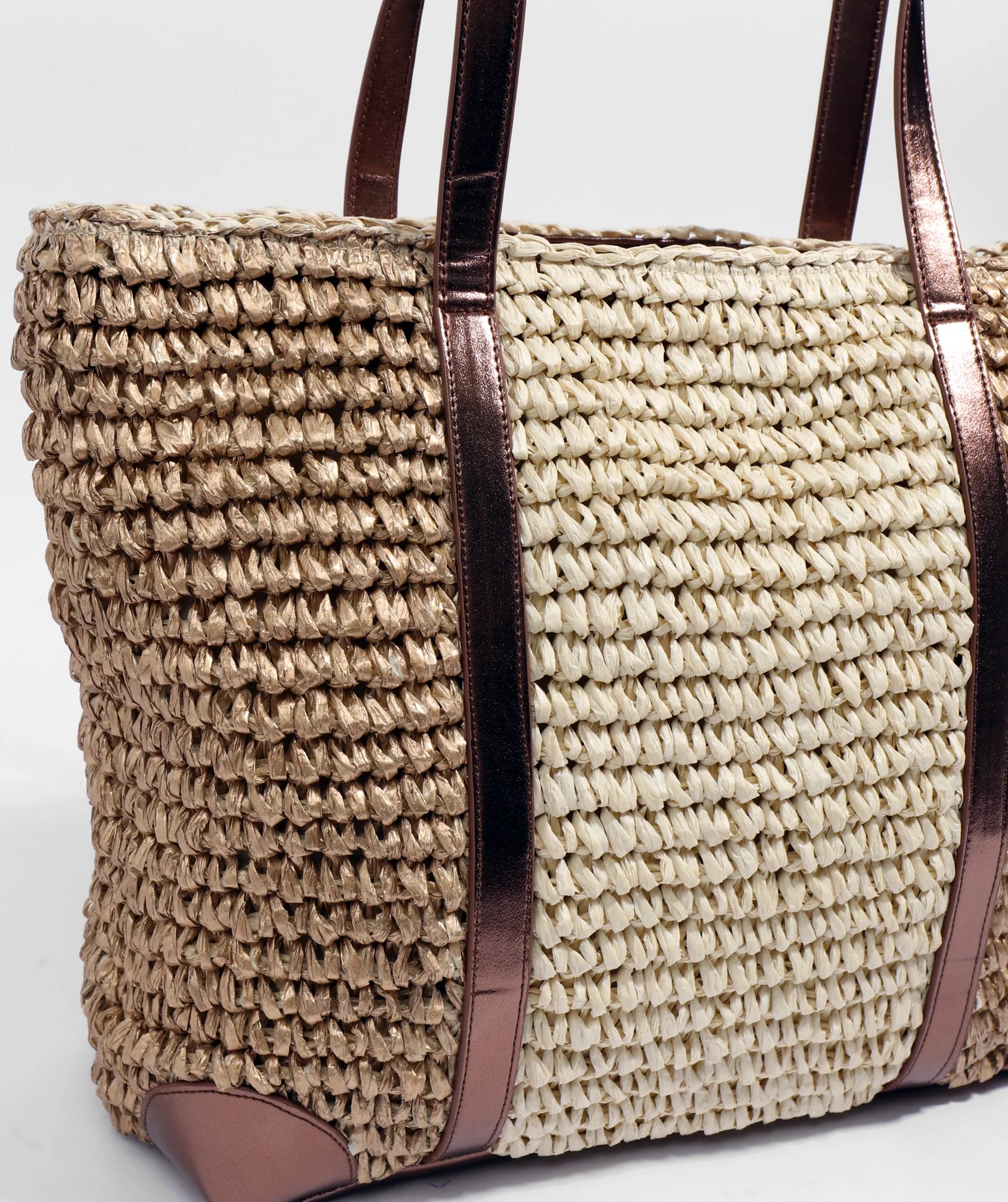 Gold Metallic Leather Detail Straw Tote with Zipped Closure