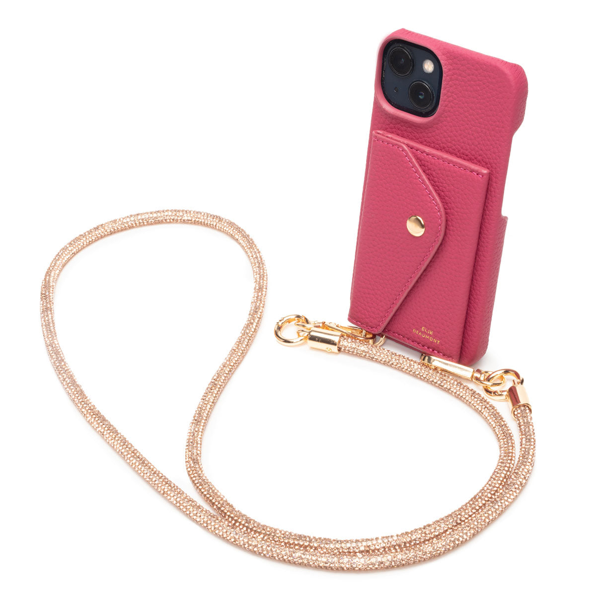 Elie Beaumont Genuine Leather iPhone Case - Azalea - Champagne Diamante Lanyard