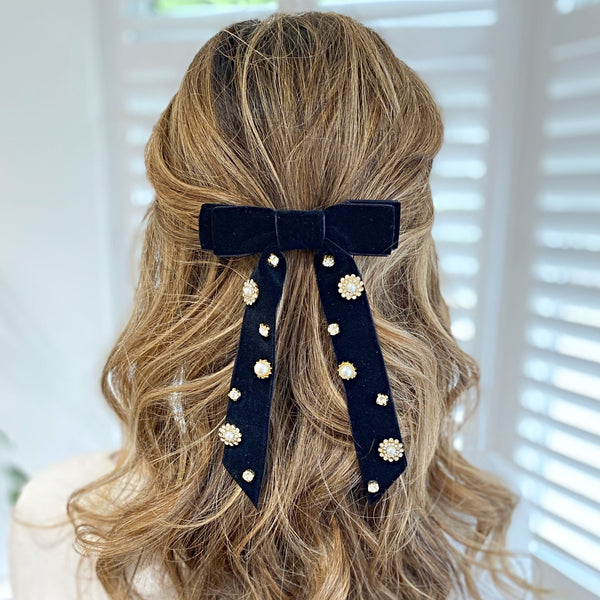 QueenMee Black Velvet Bow Hair Clip with Jewels