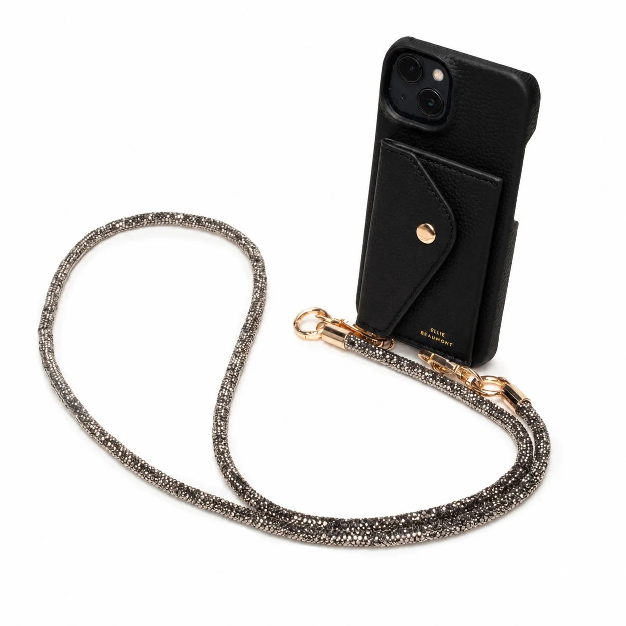 Elie Beaumont Genuine Leather iPhone Case - Black - Black Diamante Lanyard