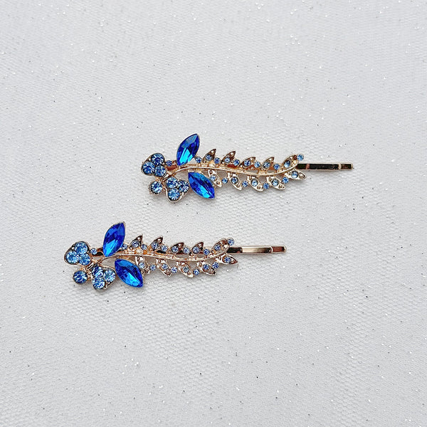 QueenMee Blue Hair Slides Blue Hair Clips Crystal Hair Grips Floral Set of 2