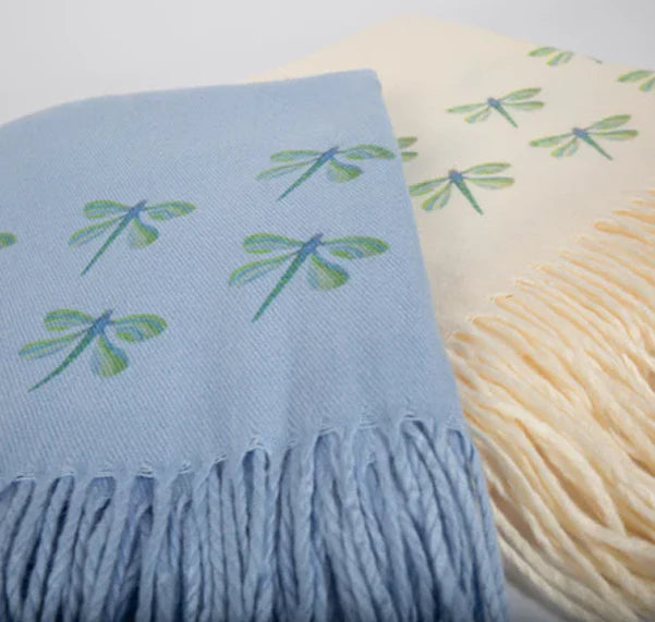 Cashmere Feel Luxury Scarf Handprinted with Dragonflies