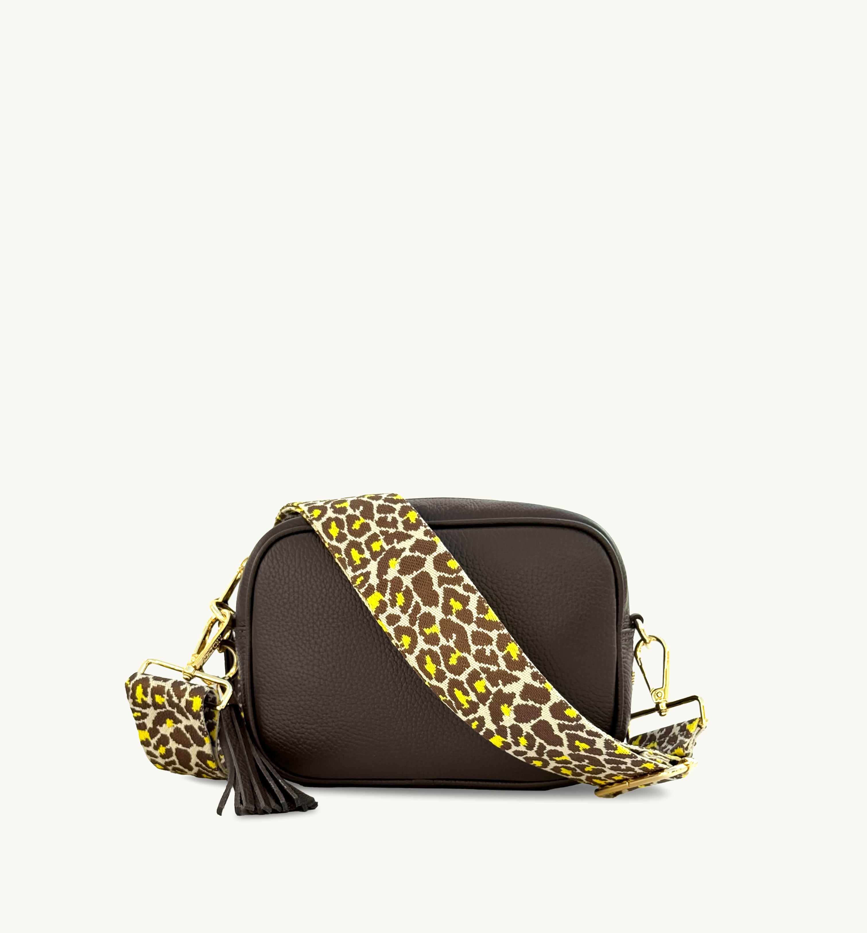 Apatchy London The Tassel Chocolate Leather Crossbody Bag With Lemon Cheetah Strap