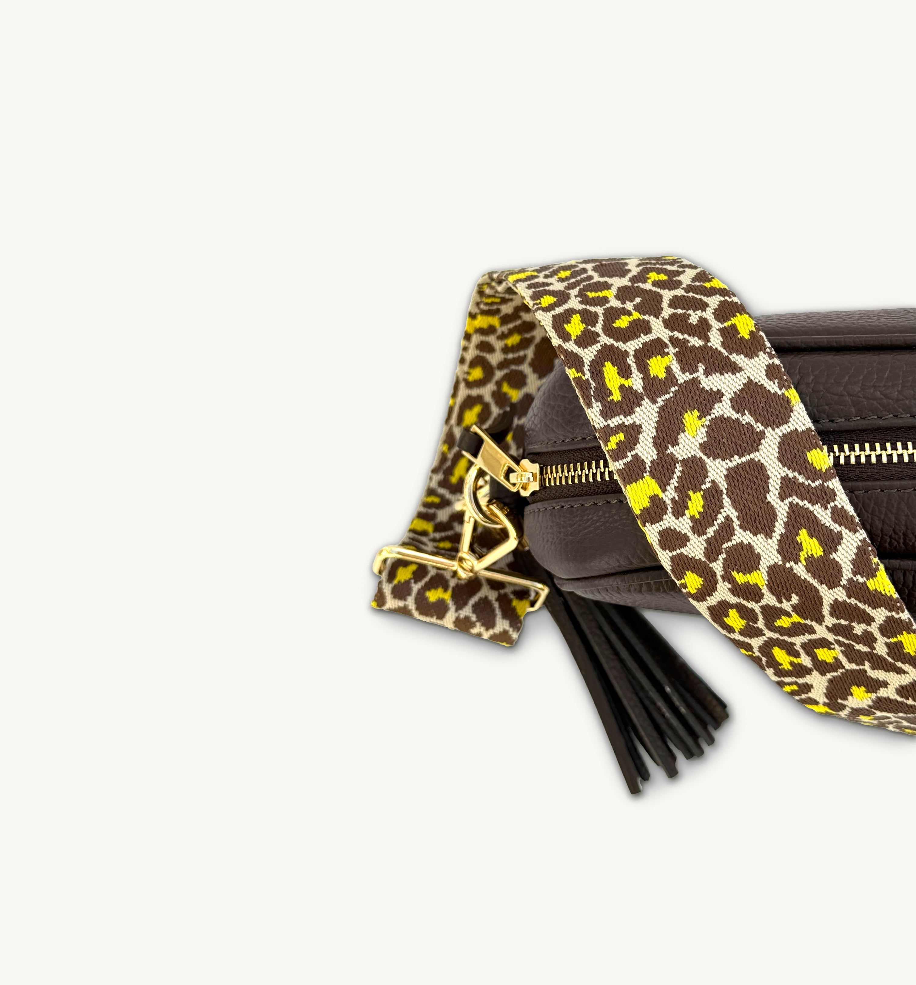 Apatchy London The Tassel Chocolate Leather Crossbody Bag With Lemon Cheetah Strap