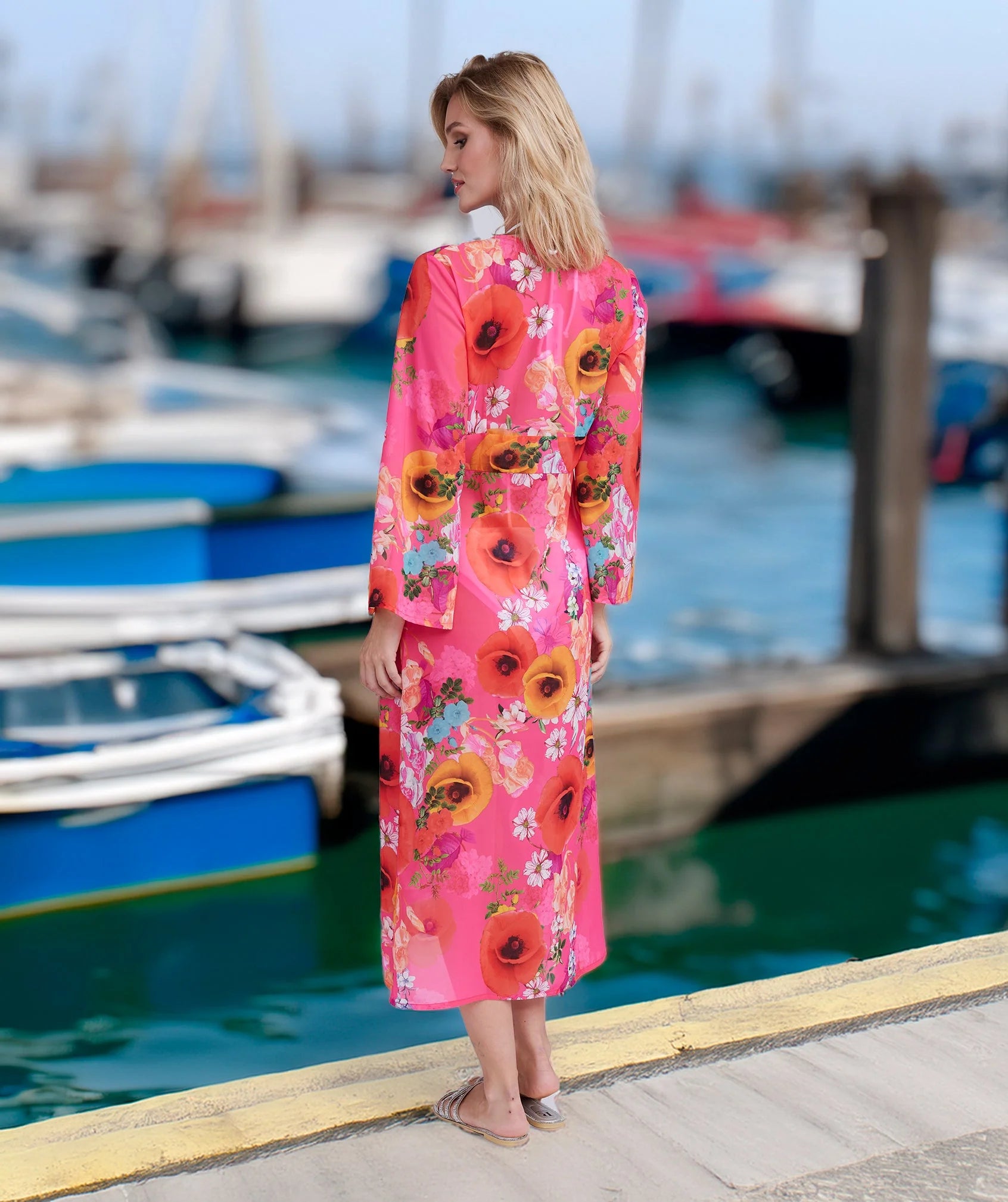 Pink Floral Print Midi Length Cover Up with Beaded Embellishment .