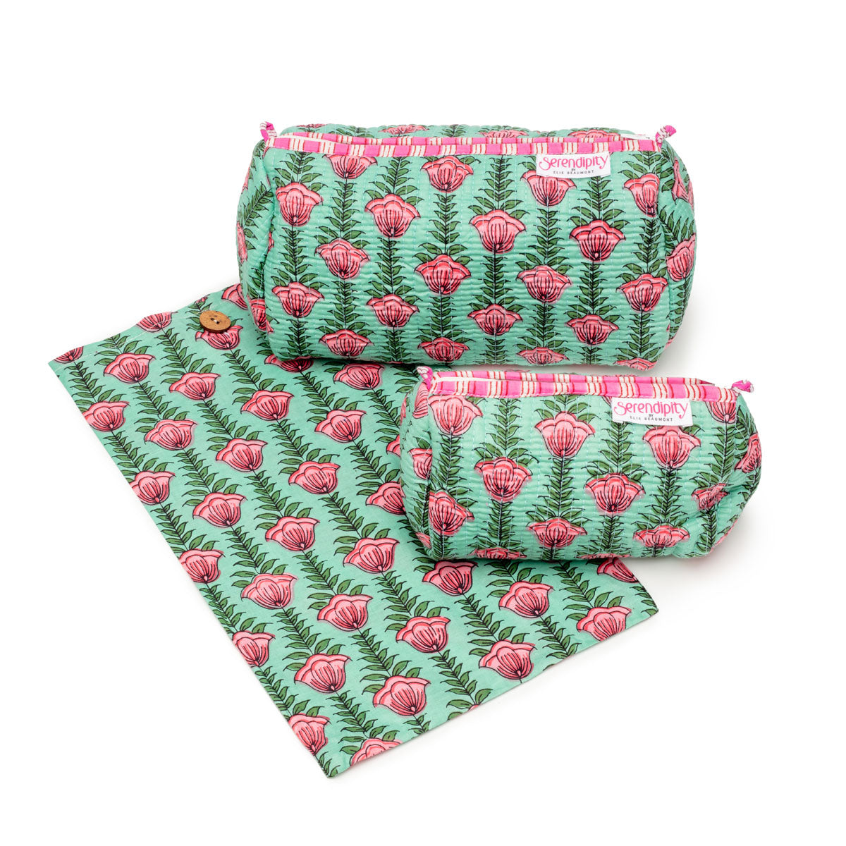 Elie Beaumont Serendipity Cotton Cosmetic Bag Set - Lt Green Lotus