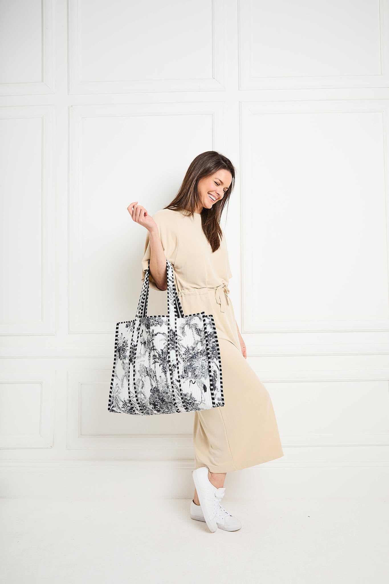 Elie Beaumont Serendipity Cotton Quilted Tote - Black / White Crane