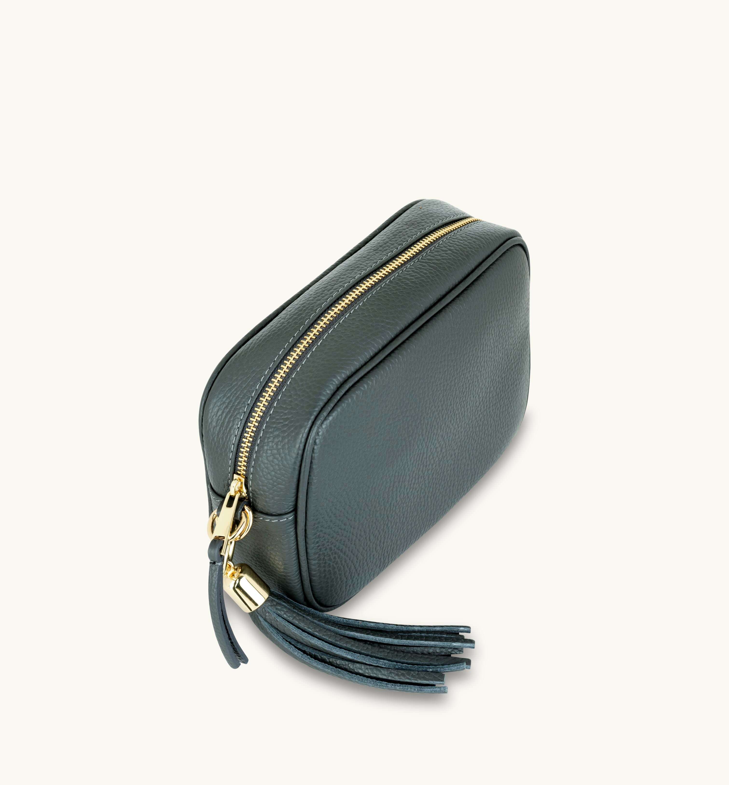 Apatchy London The Tassel Dark Grey Leather Crossbody Bag With Gold Chain Strap
