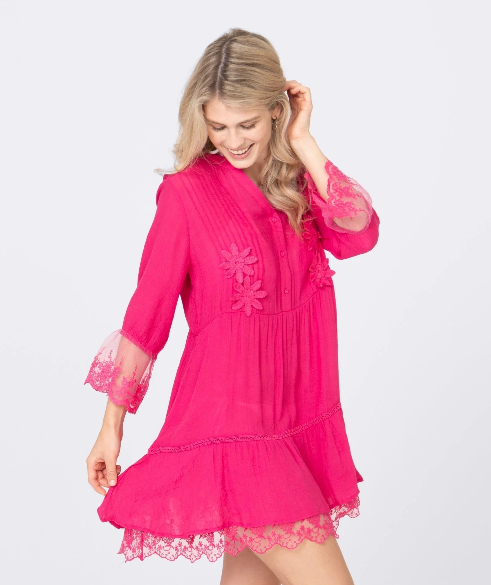 Hot Pink Floral Embroidered Midi Beach Dress with Ruffle Hem