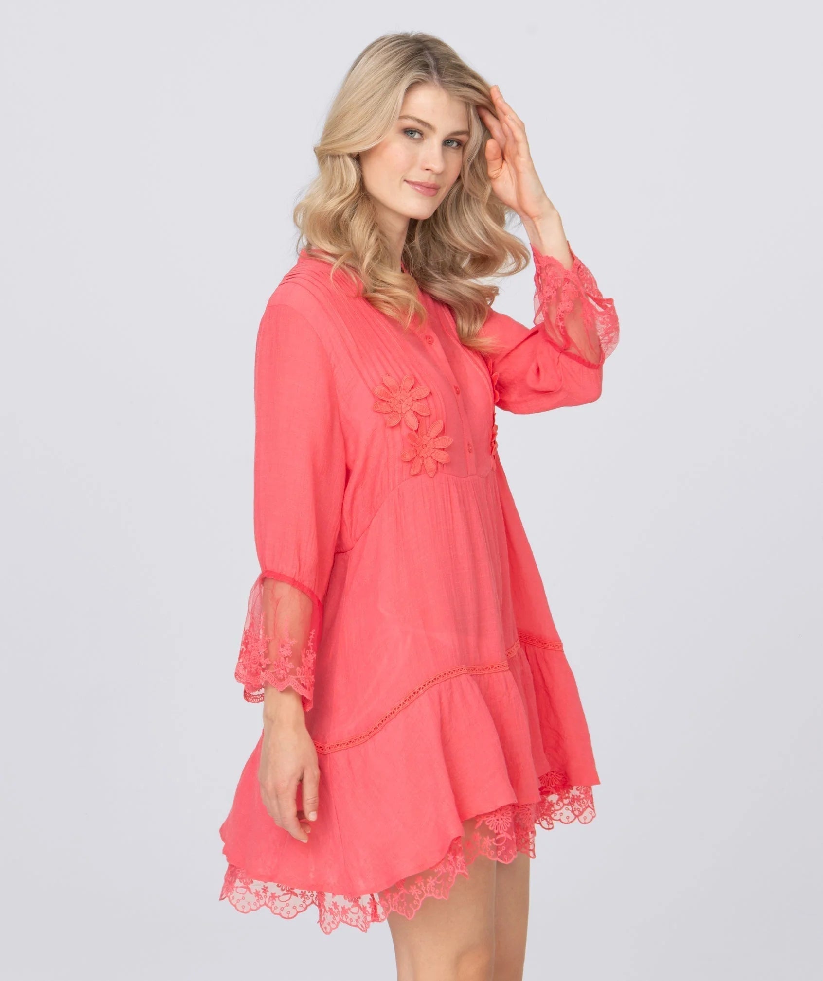 Salmon Floral Embroidered Midi Beach Dress with Ruffle Hem