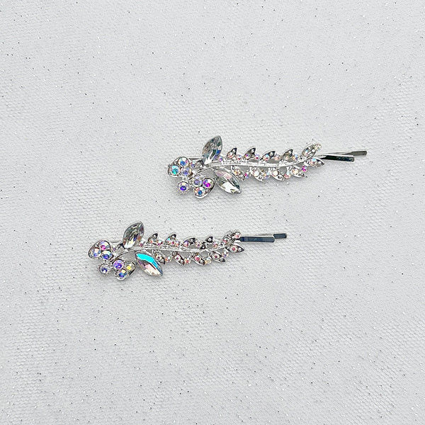 QueenMee Diamante Hair Slides Silver Hair Clips Sparkly Hair Slides Floral Set of 2