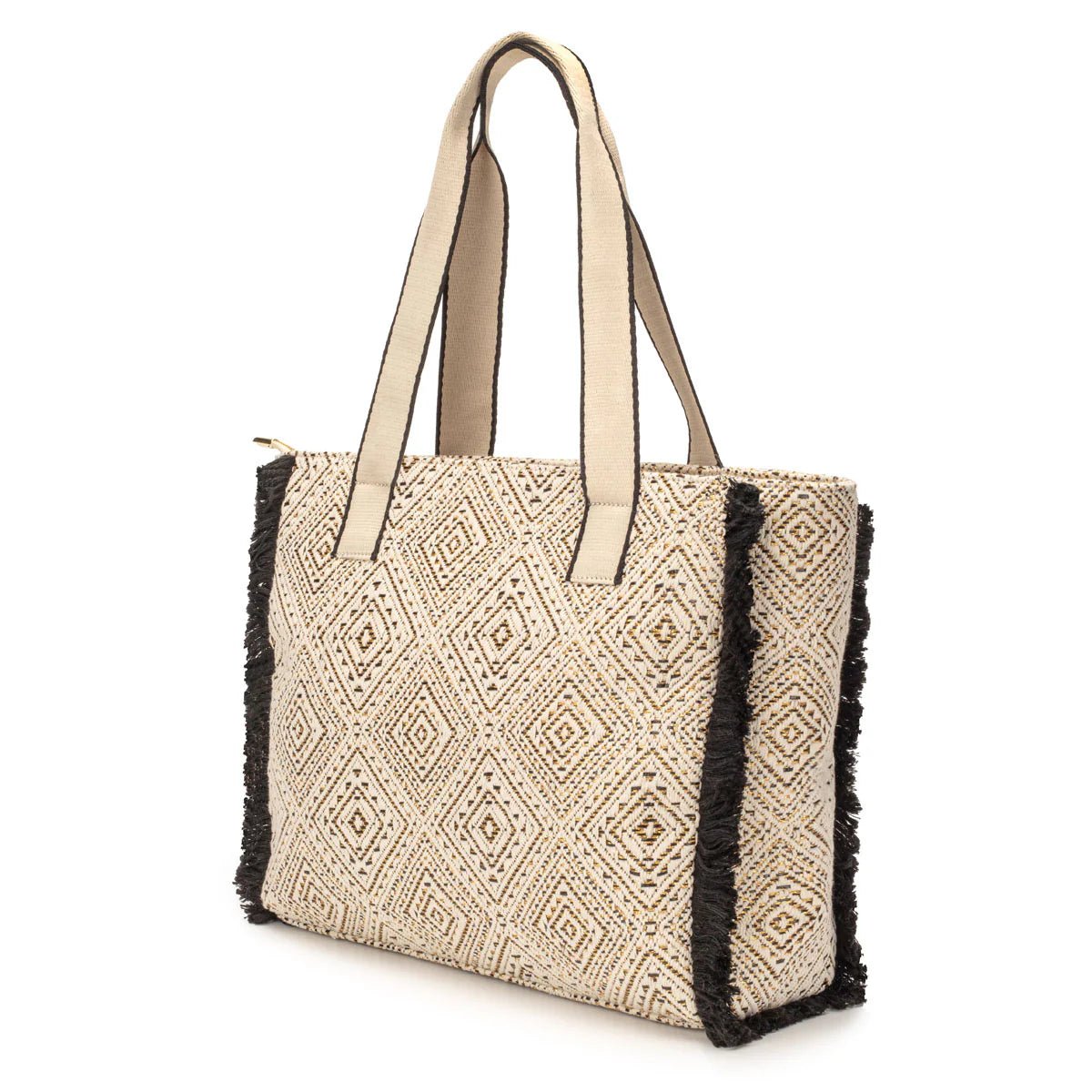 Elie Beaumont Summer Tote - Fringe Black Diamond Jacquard weave