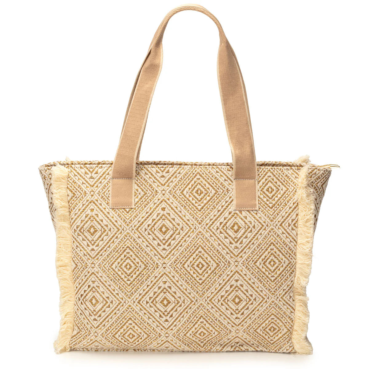 Elie Beaumont Summer Tote - Fringe Gold Diamond Jacquard weave