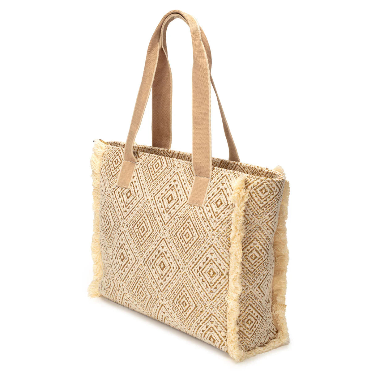 Elie Beaumont Summer Tote - Fringe Gold Diamond Jacquard weave