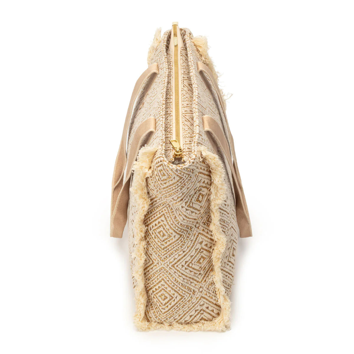 Elie Beaumont Summer Tote - Fringe Gold Diamond Jacquard weave