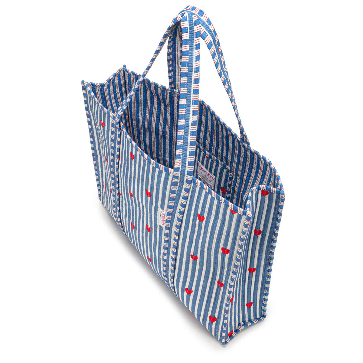 Elie Beaumont Serendipity Cotton Quilted Tote - Blue Stripe Red Heart