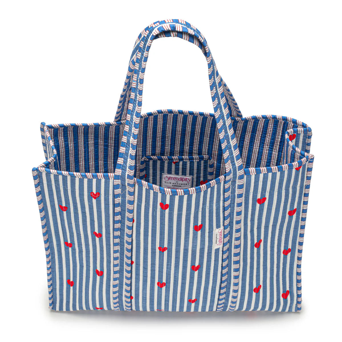 Elie Beaumont Serendipity Cotton Tote & Cosmetic Bag Set - Blue Stripe Red Heart