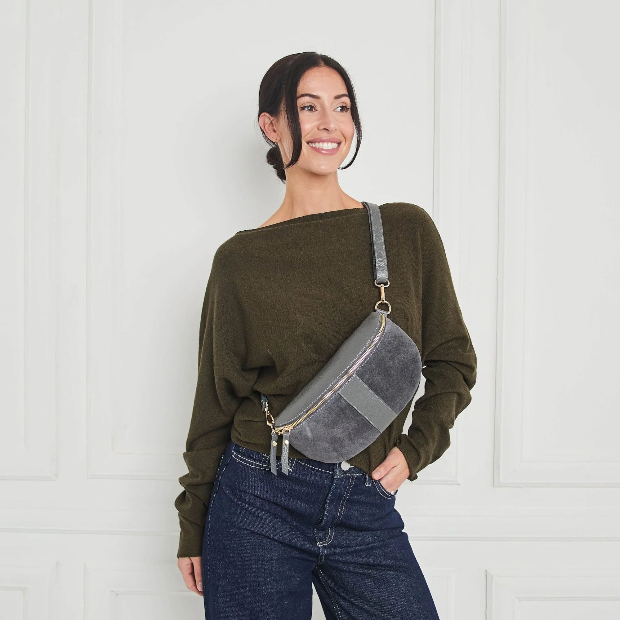 Elie Beaumont Suede Sling Bag Slate Grey