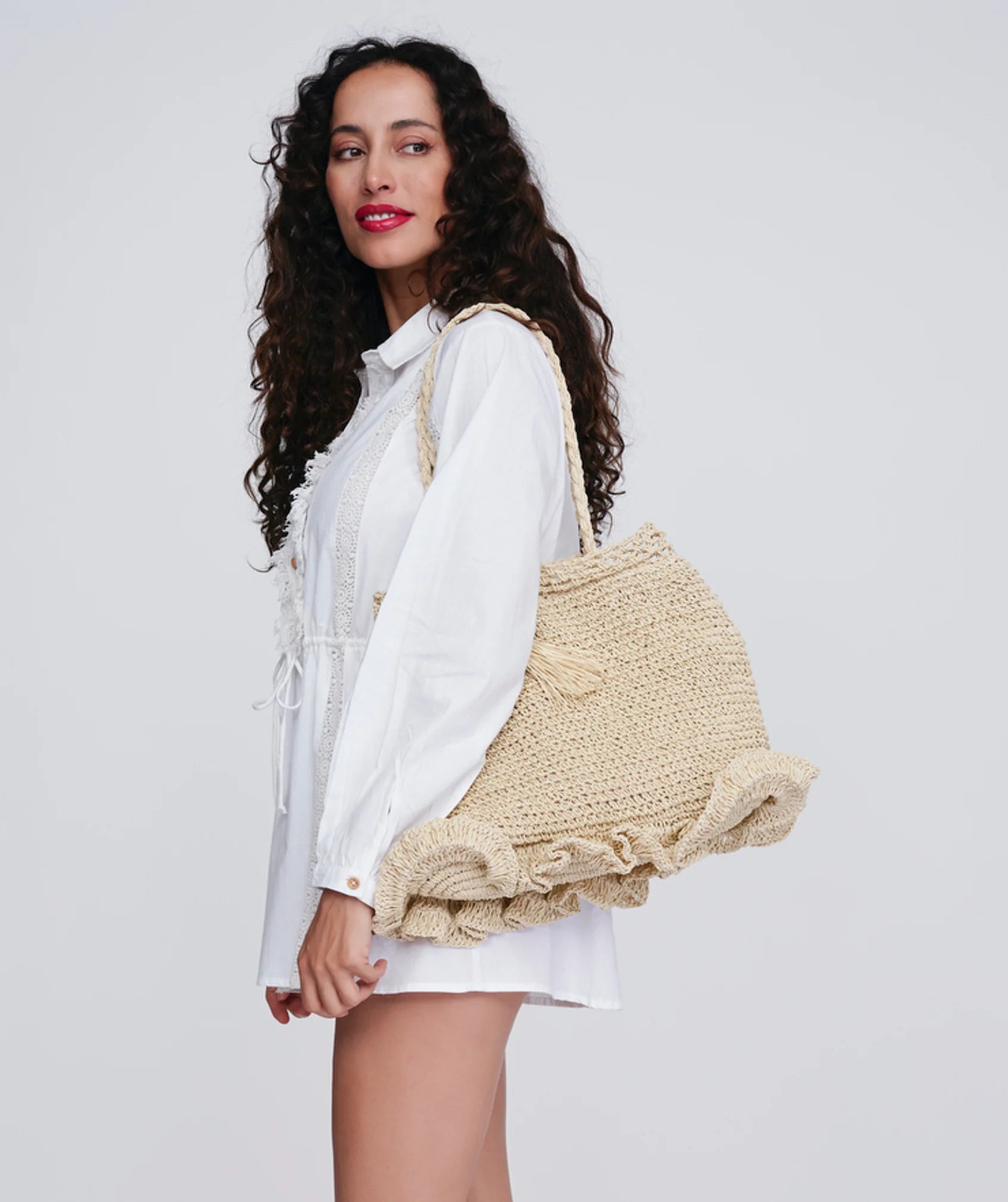 Natural Woven Straw Bag with Button Snap Closure