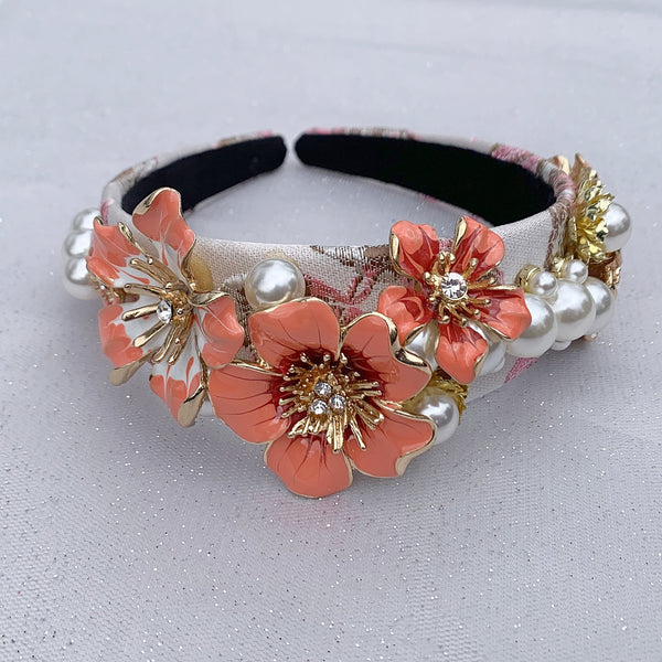 QueenMee Flower Headband Coral with Pearls Floral Headpiece Hair Band