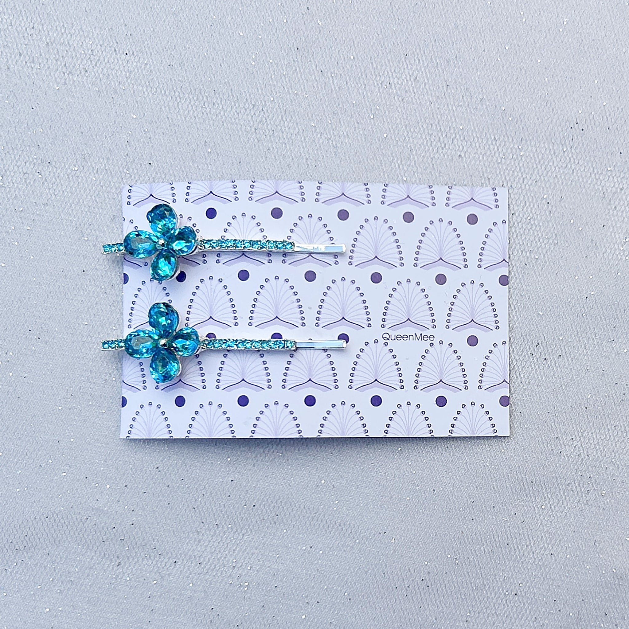 QueenMee Flower Hair Grips Flower Hair Slides Teal Sparkly Hair Grips Set of 2