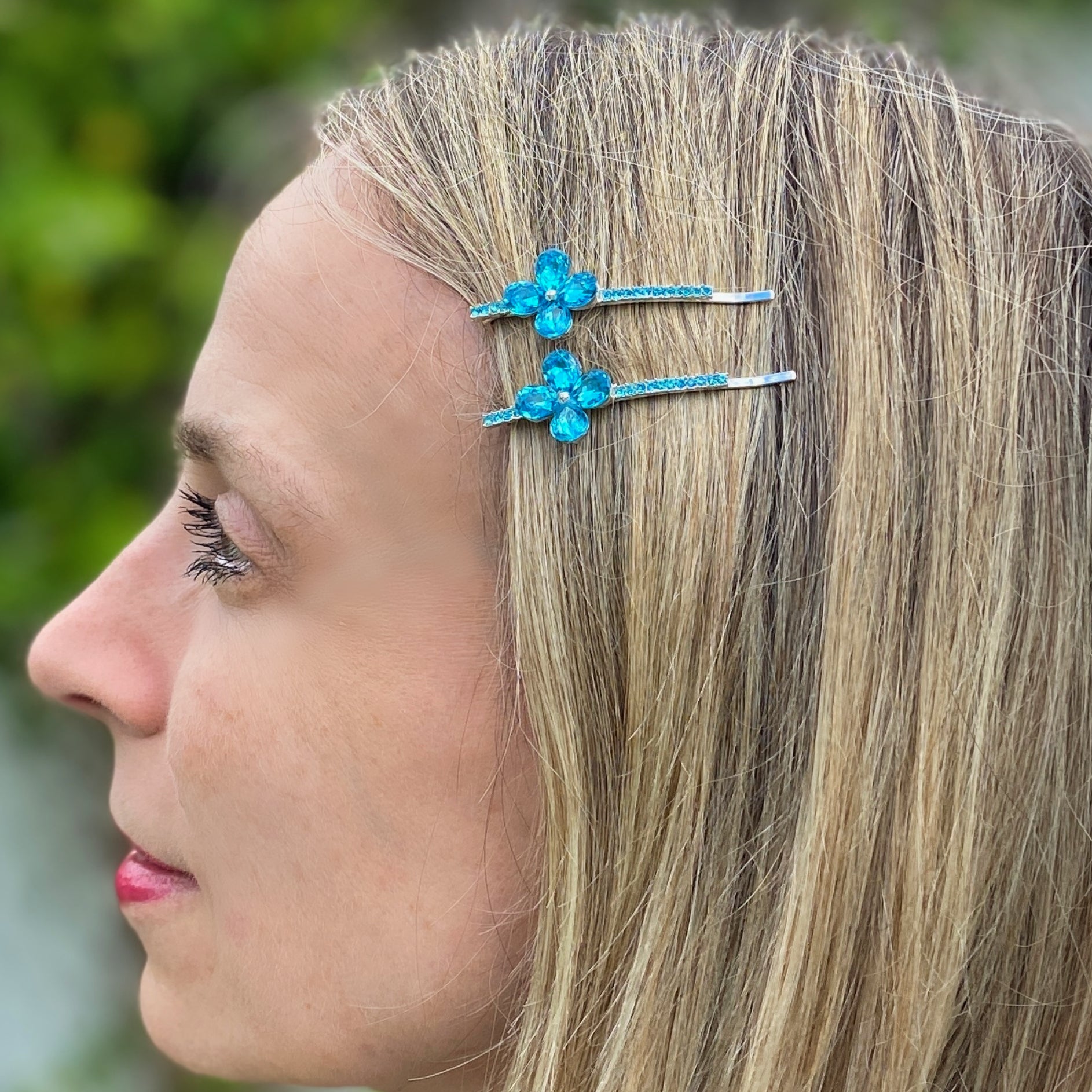 QueenMee Flower Hair Grips Flower Hair Slides Teal Sparkly Hair Grips Set of 2