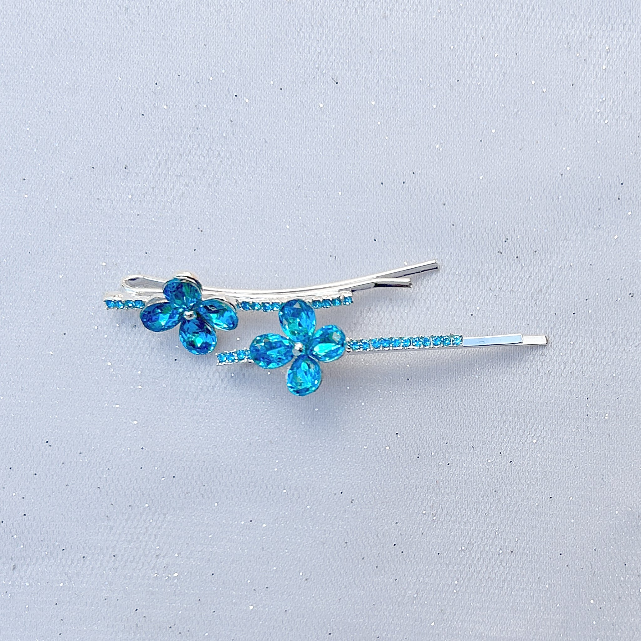 QueenMee Flower Hair Grips Flower Hair Slides Teal Sparkly Hair Grips Set of 2