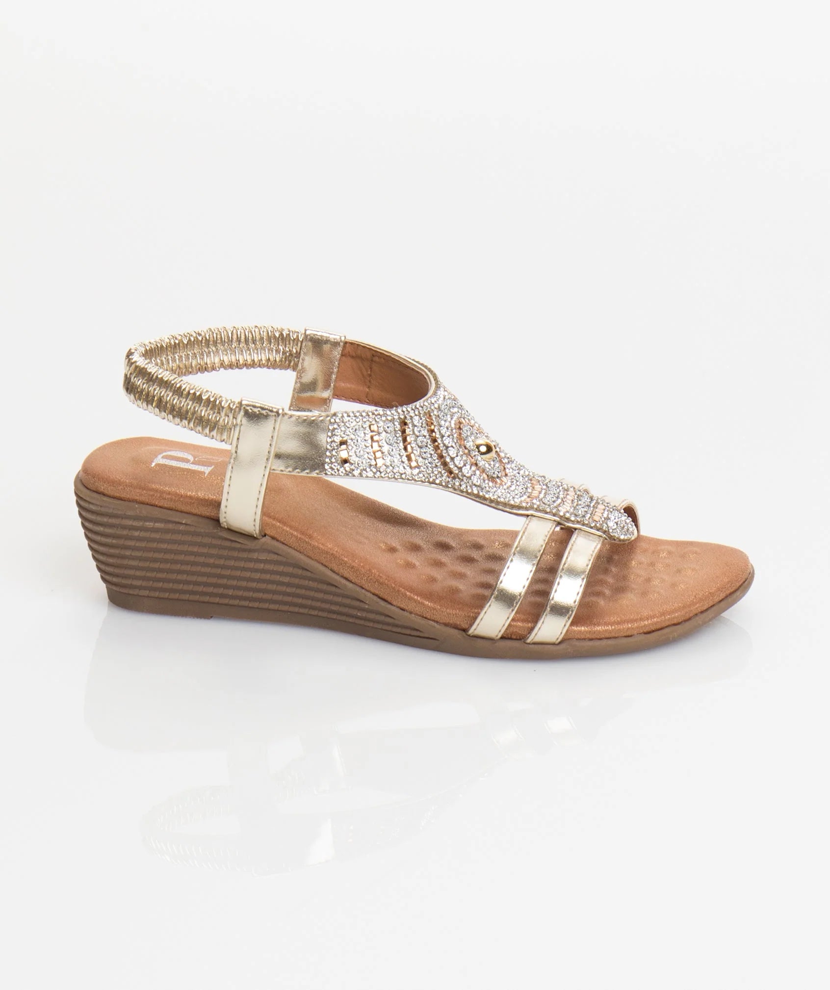 Gemini - Gold Wedged Heel Sandal with Embellished Jewels