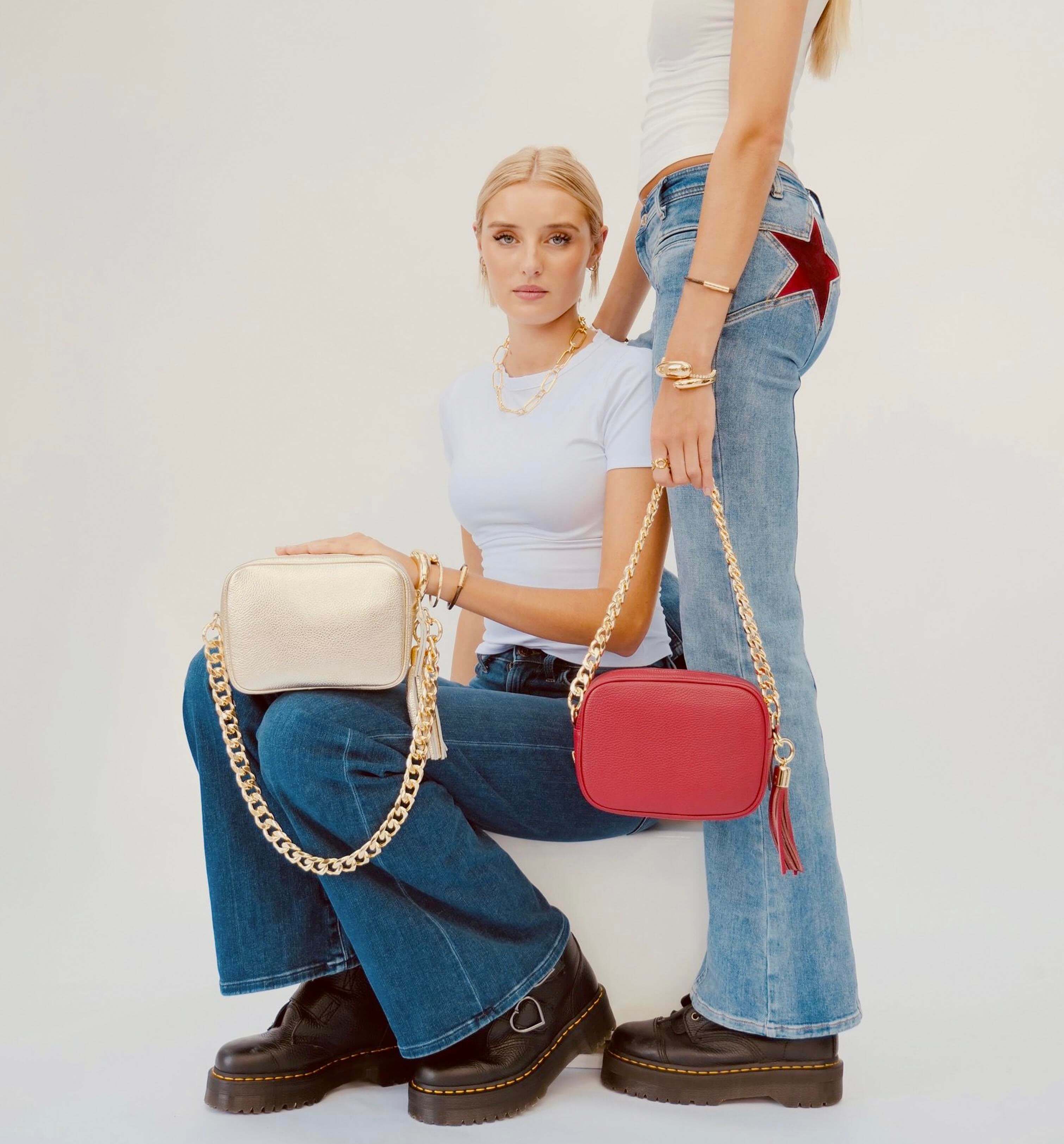 Apatchy London The Tassel Cherry Red Leather Crossbody Bag With Gold Chain Strap