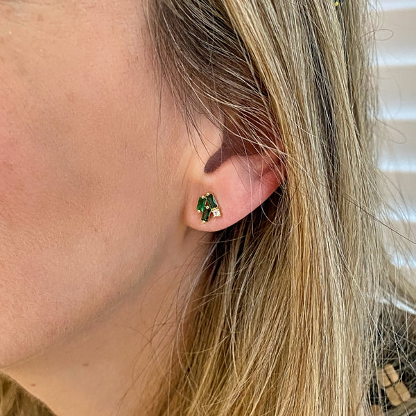 QueenMee Green Stud Earrings Gold Earrings with Crystal