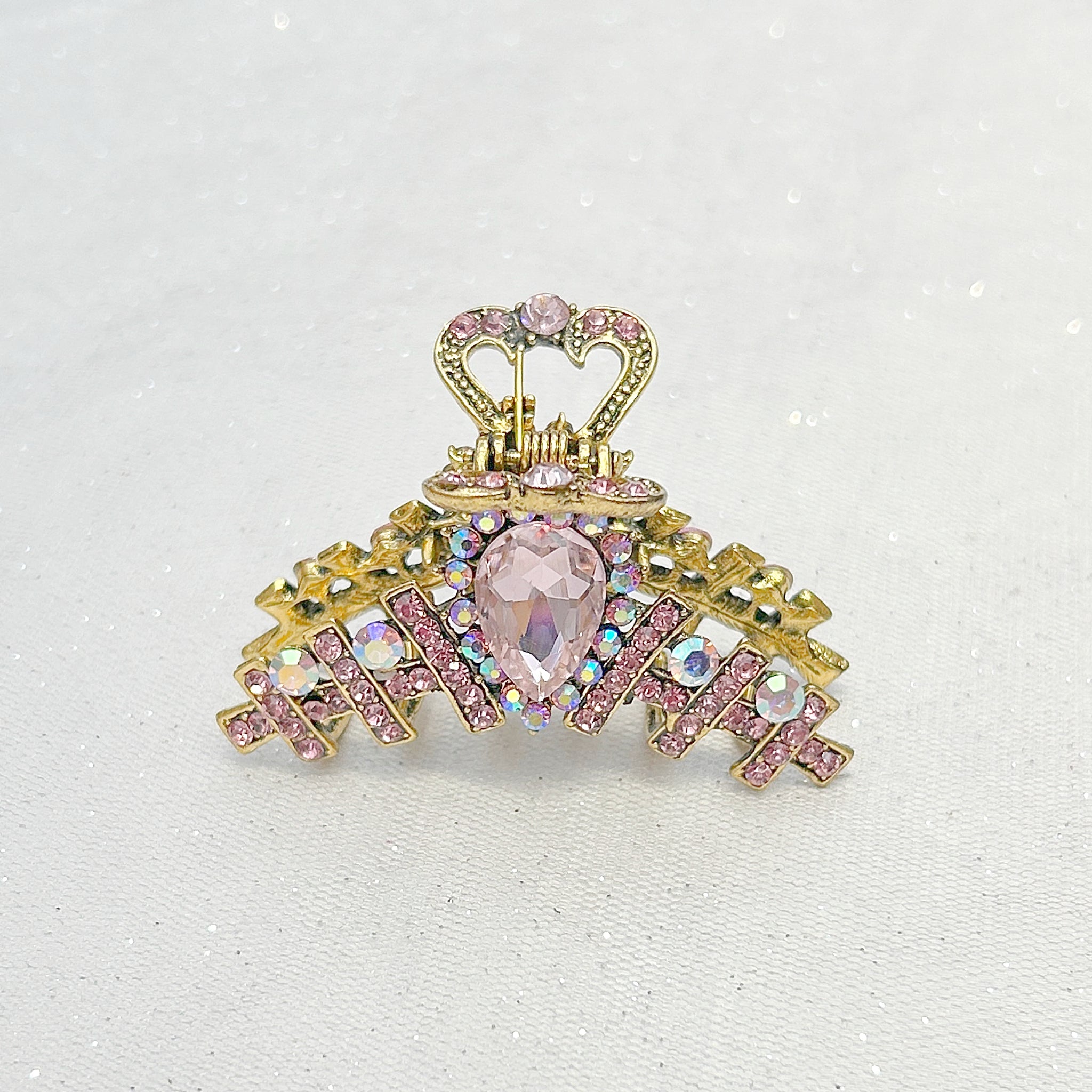 QueenMee Hair Clamp in Pink Hair Claw Clip with Crystal Gold