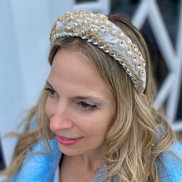 QueenMee Ivory Headpiece Wedding Headpiece Wedding Headband Gold Crystal