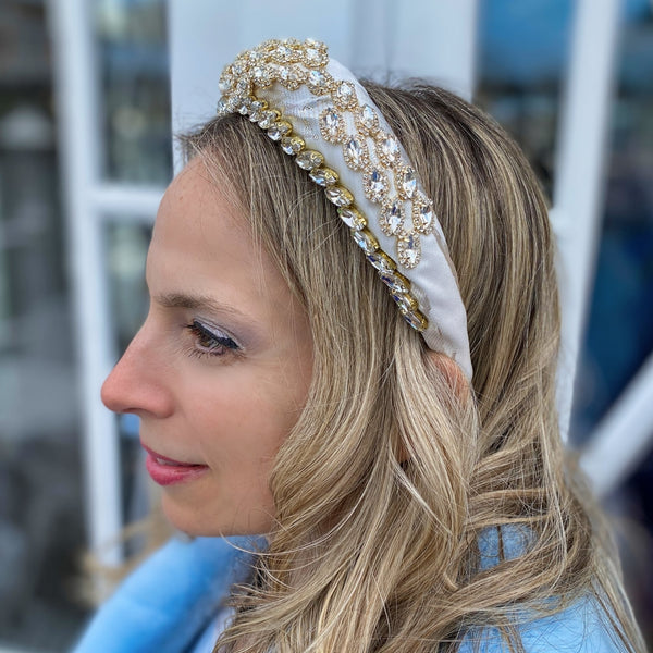 QueenMee Ivory Headpiece Wedding Headpiece Wedding Headband Gold Crystal