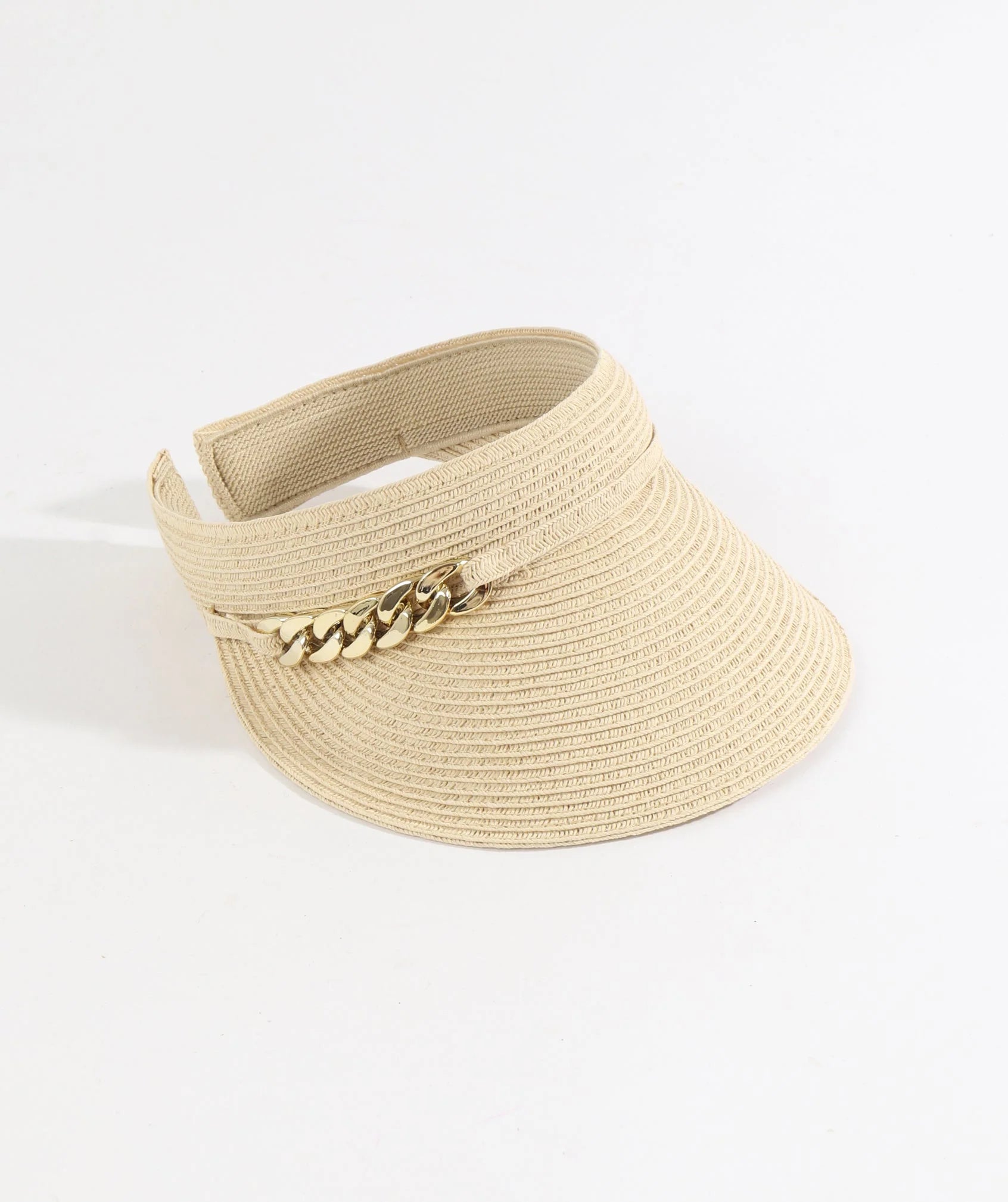 Natural Straw Visor with Gold Metal Chain Embellishment