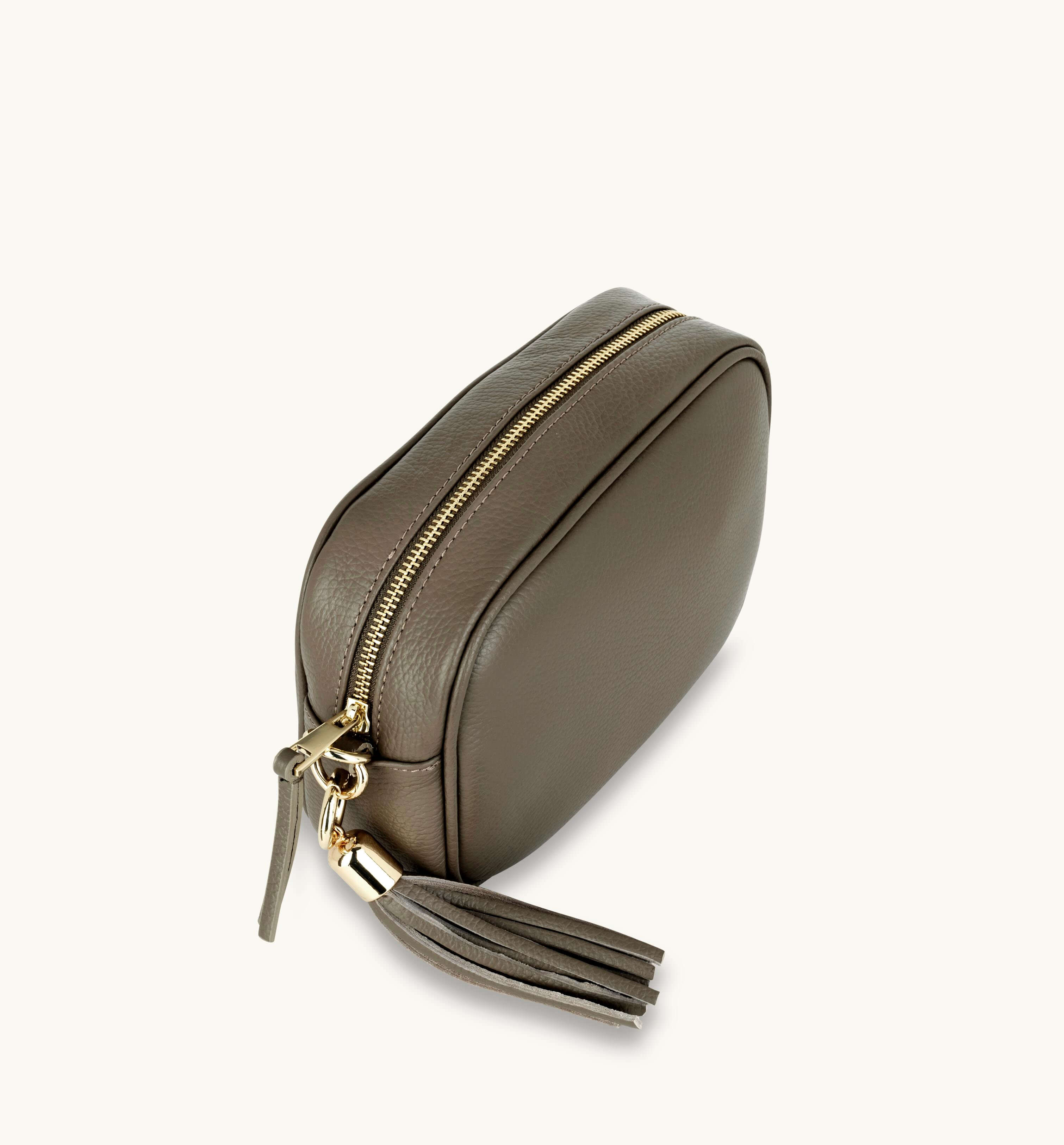 Apatchy London The Tassel Latte Leather Crossbody Bag With Black & Gold Chevron Strap