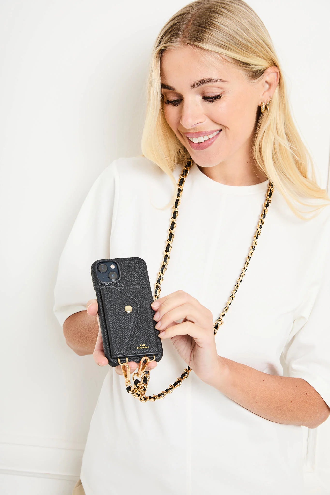 Elie Beaumont Genuine Leather iPhone Case - Black - Black Diamante Lanyard