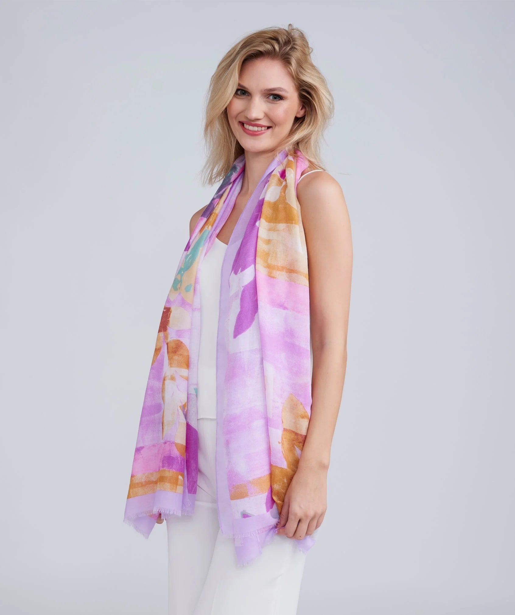 Pink Oblong Scarf with Striking Print and Finished Edging