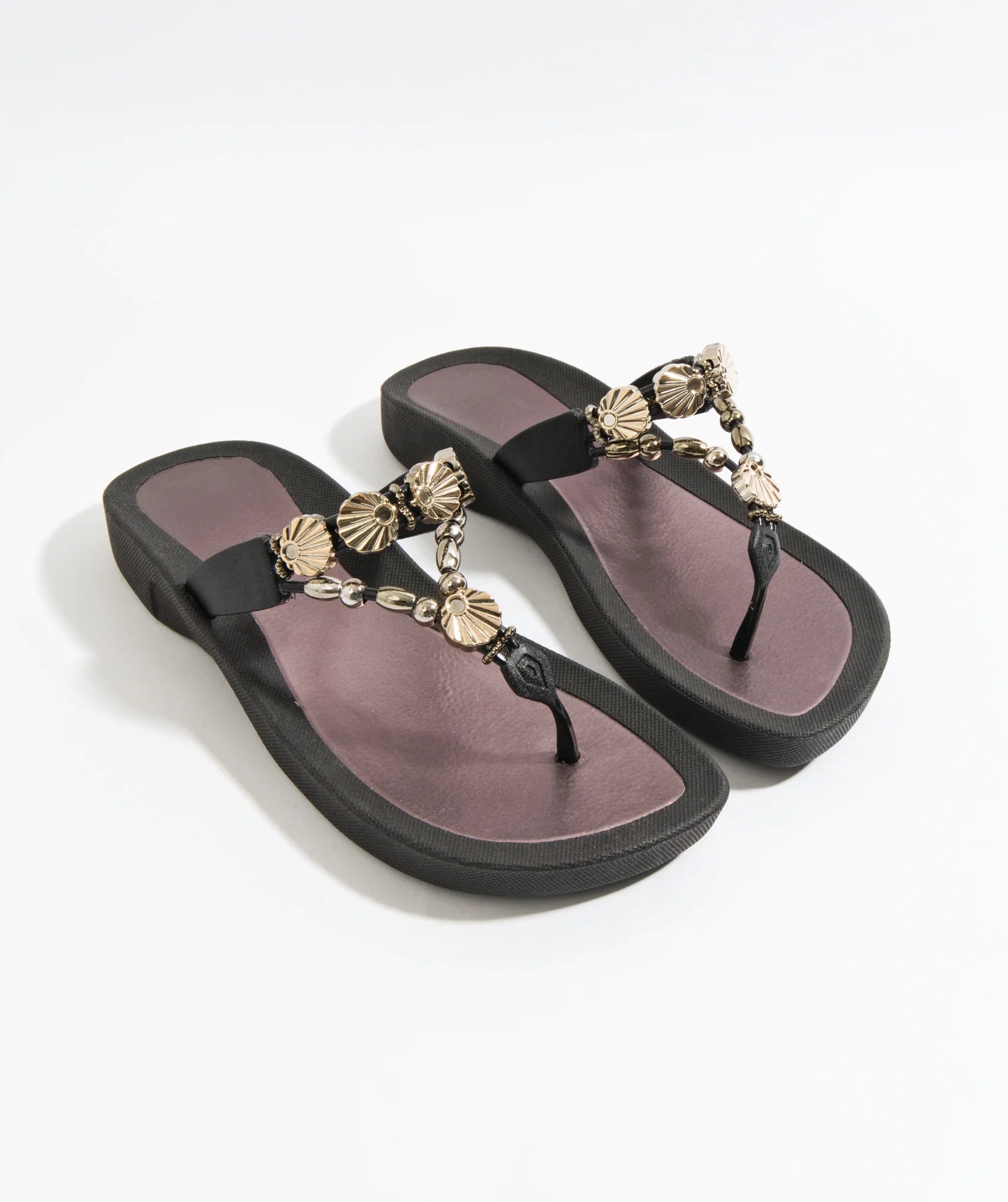 Black Wedged Embellished Sandal with Non-Slip Sole and Padded Insole