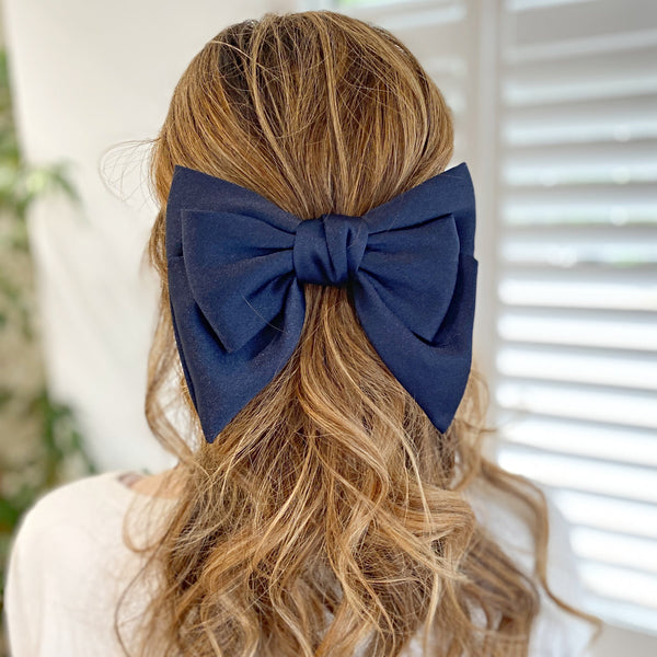 QueenMee Navy Satin Hair Bow Navy Blue Hair Clip