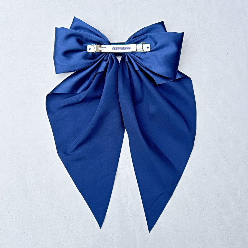 QueenMee Navy Satin Hair Bow Navy Hair Clip Long Bow