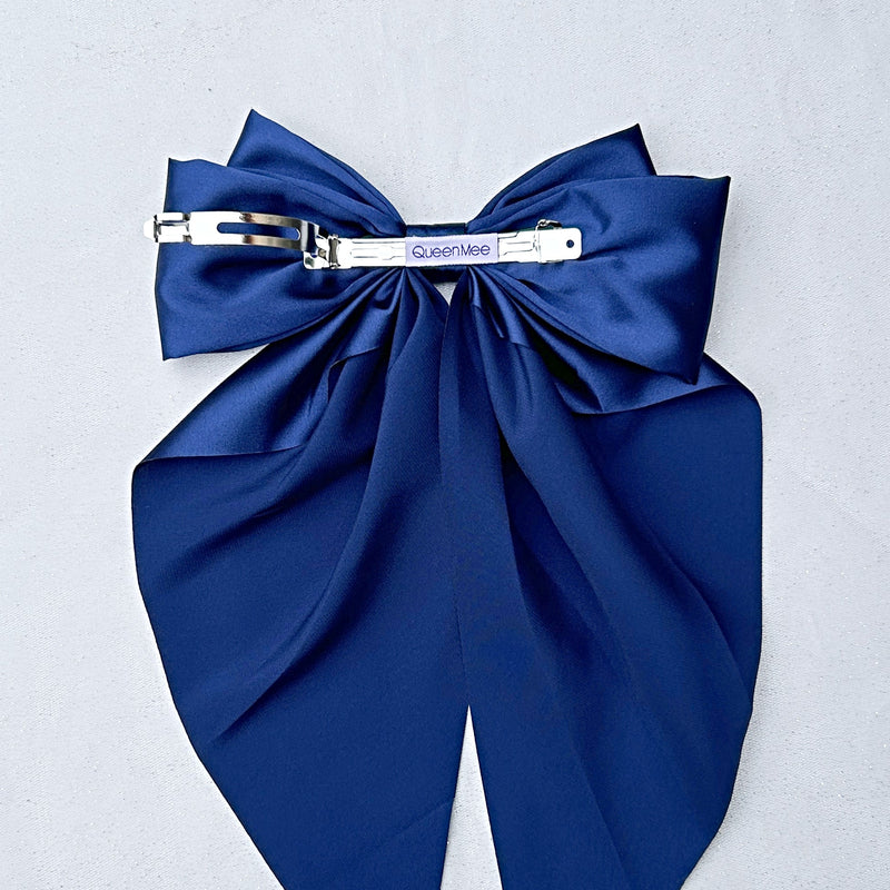 QueenMee Navy Satin Hair Bow Navy Hair Clip Long Bow
