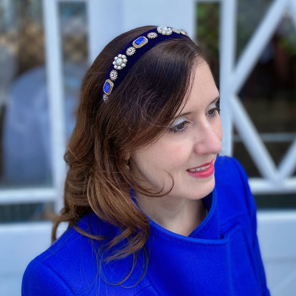 QueenMee Navy Blue Headband Velvet Hair Band Blue Pearl Headband